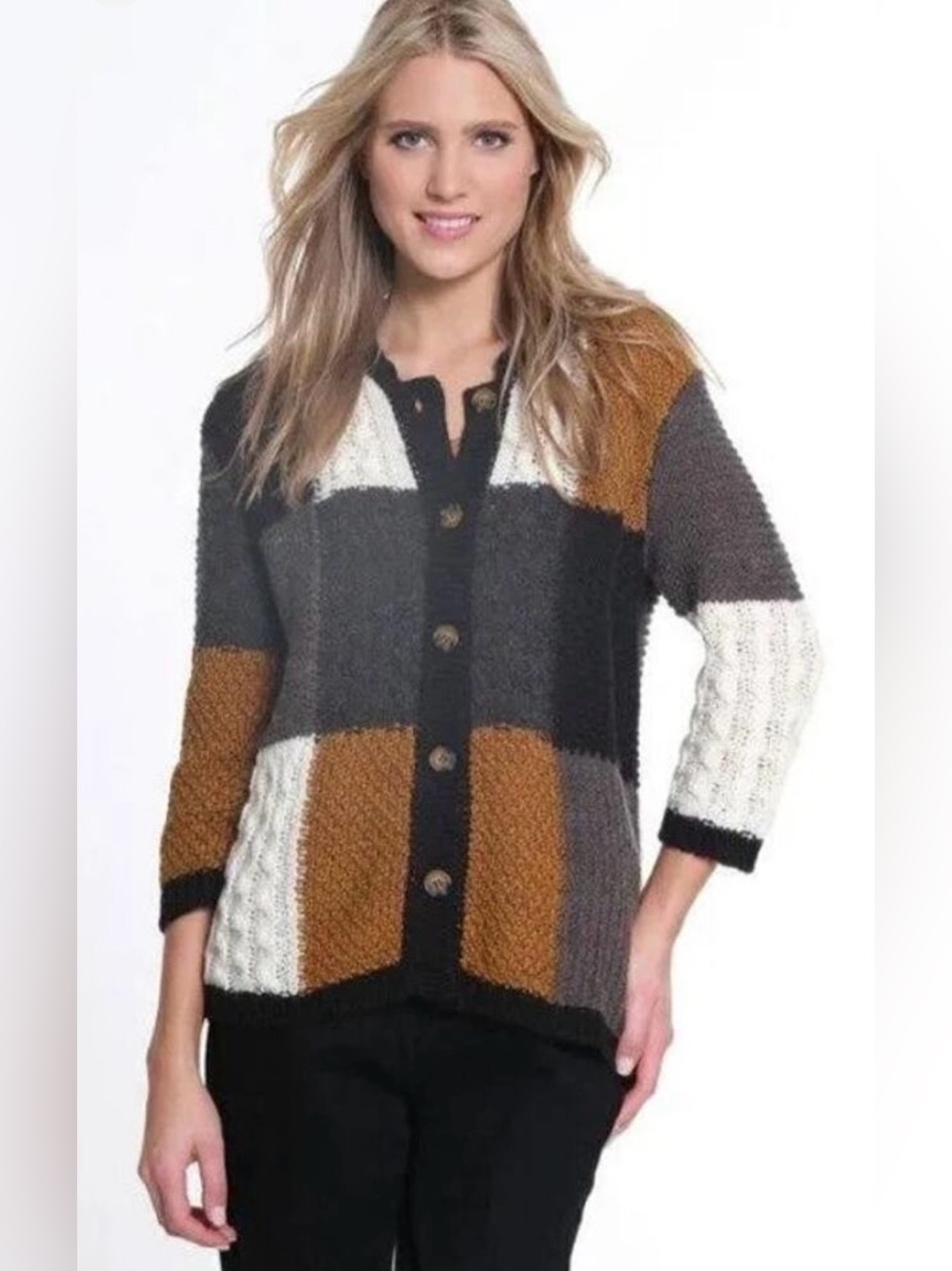 Multiples Cardigan, Sz. S, Gold/Gray/Black/White Color Block, Button Closure